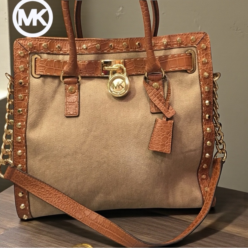 Michael Kors Hamilton Beige Linen /Crocodile Leather Trim Tote
